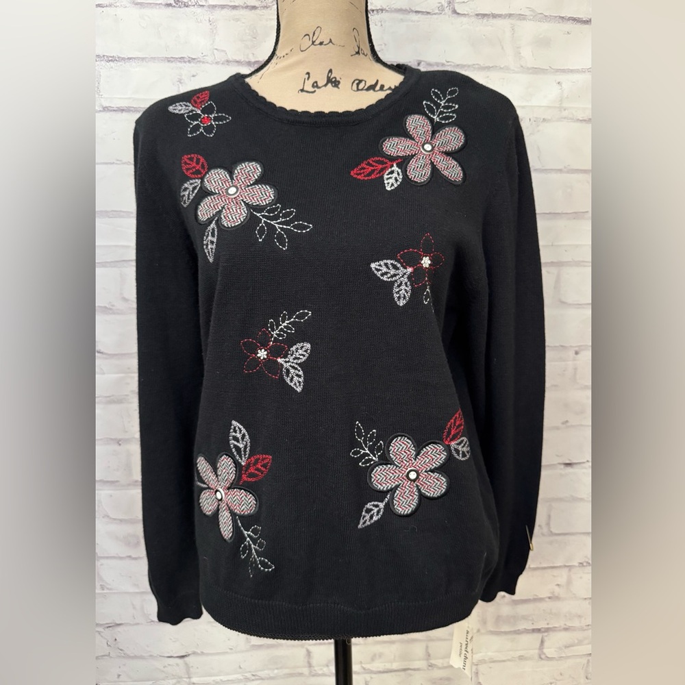 Alfred Dunner PXL Black Floral Sweater Grandmacore Cottagecore Embroidered New